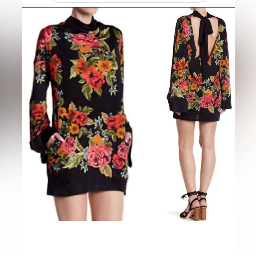 New Free People Black Floral Open Tie Back Mini Dress